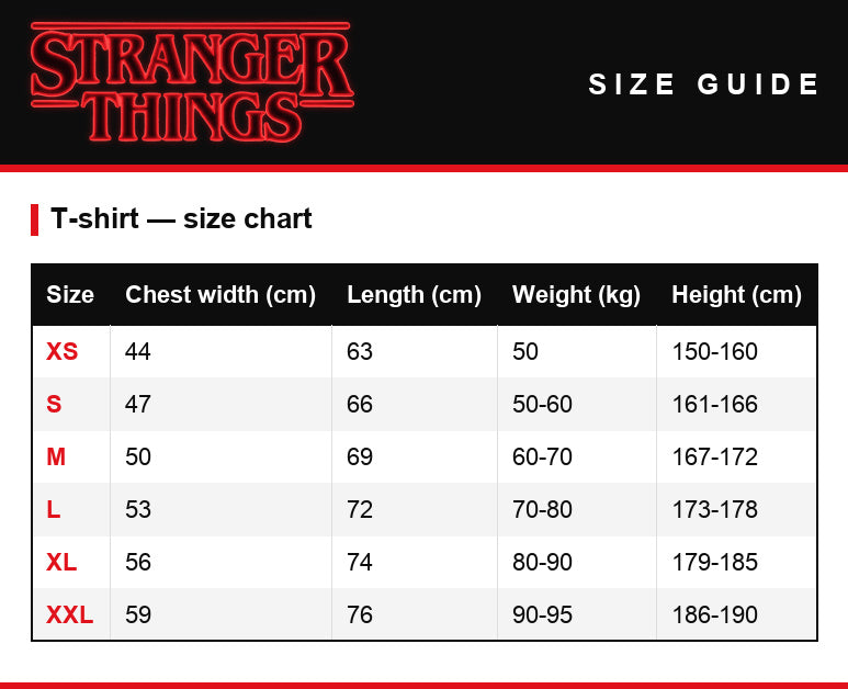 Size guide – Men's T-shirt Stranger Things Hawkins High School 1983