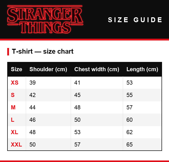 Size guide – Women's T-shirt Stranger Things Hawkins Is Cursed