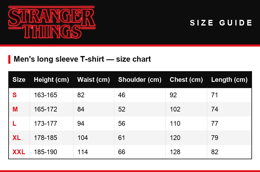 Size guide – Men's long-sleeve T-shirt Stranger Things Stranger Kittens