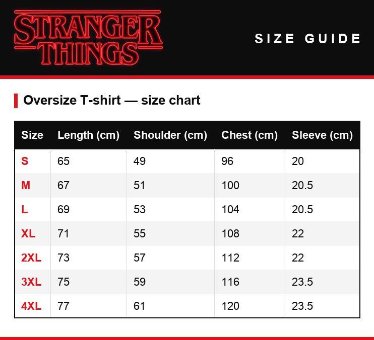 Size guide – Women's oversized T-shirt Stranger Things Harrington Babysitting Services