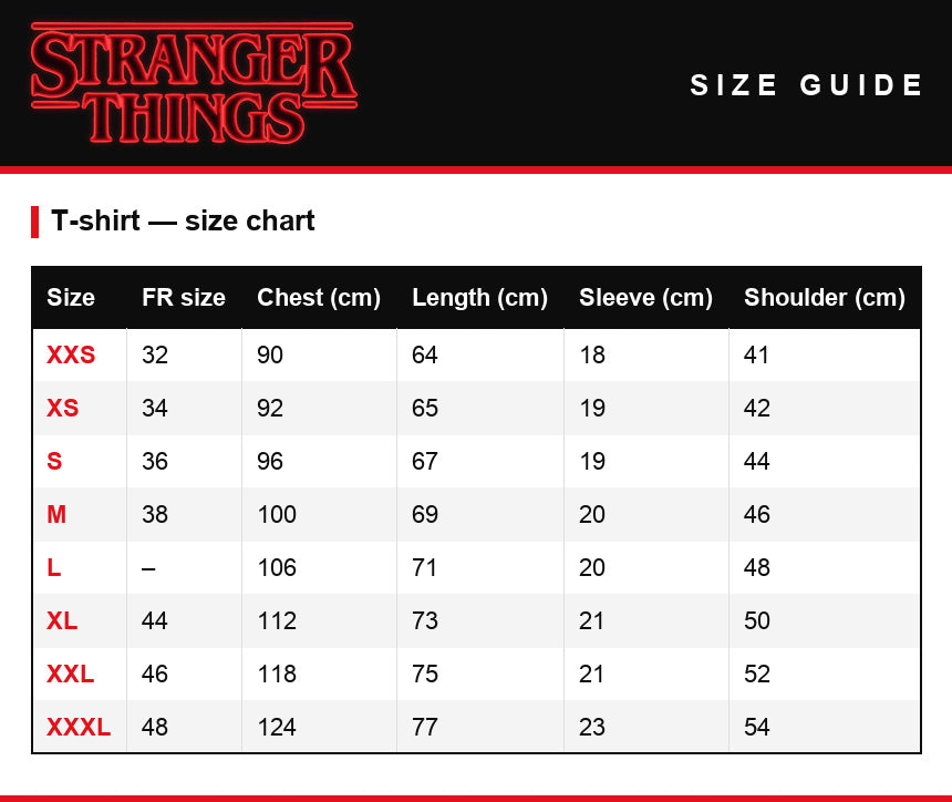 Size guide – Men's ringer T-shirt Stranger Things Strawberry Festival Hawkins