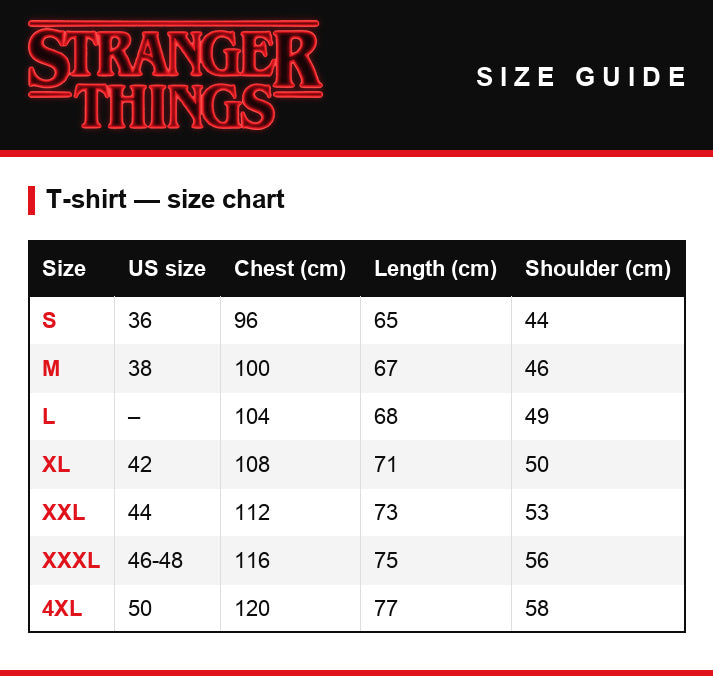Size guide – Men's T-shirt Stranger Things Scoops Ahoy