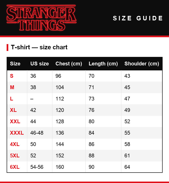 Size guide – Men's T-shirt Stranger Things Eddie Munson The Banished